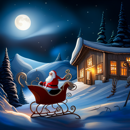 reindeer, Santa Claus, delivering presents, magical, winter wonderland, whimsical, holiday spirit, sleigh, flying, snowy landscape, starry night, festive atmosphere, joyful, celebration, mythical creatures, gift-giving, Christmas, enchanting, fairytale, dreamlike, mystical