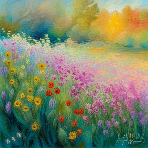 pastel, floral, meadow, embroidery, digital art, vibrant colors, springtime, impressionism, light and shadow, delicate textures, mixed media, Monet, Van Gogh, nature, romanticism, whimsical, intricate details, soft hues, organic shapes, French countryside, tranquility