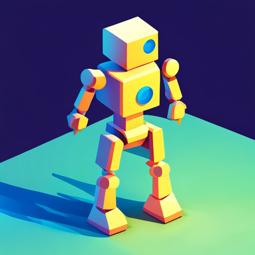 an isometric perspective of a plastic robot with geometric shapes, rendered using the low-poly technique and featuring vibrant colors as an app mascot