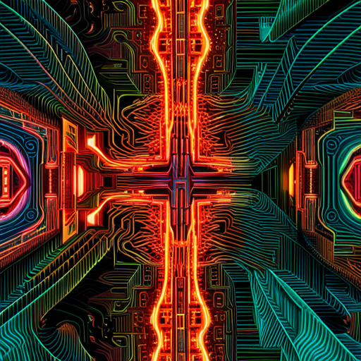 futuristic, artificial intelligence, data visualization, maximalism, generative art, technology, complex patterns, glitch art, cyberpunk, machine learning, wires and circuits, abstract expressionism, neon colors