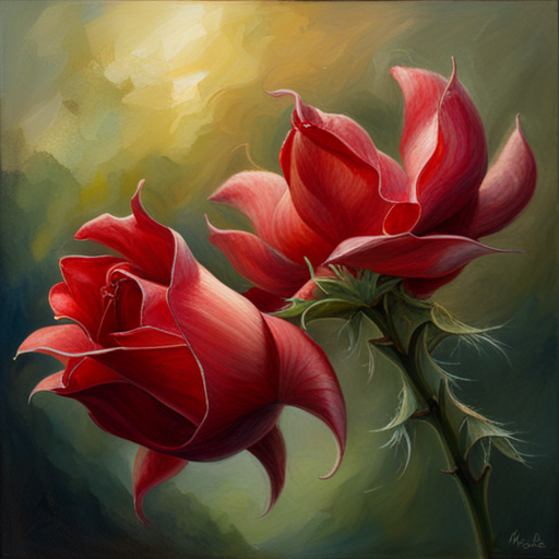 romanticism, still-life, delicate, petals, thorns, emotional symbolism, warm lighting, chiaroscuro, oil painting, impressionism, fragility, beauty, red, life cycle, nature, art nouveau