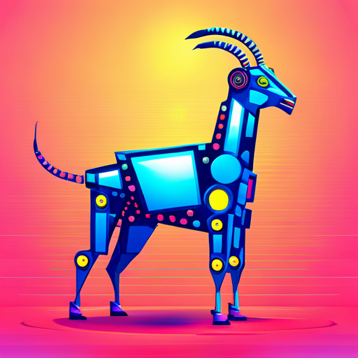 Vector-based abstract goat robot with geometric shapes, polished metal textures, dynamic lighting, saturated neon colors, influenced by futurism, glitch art, and surrealist painters. The subject matter evokes a sense of rebellion and individuality, with an emphasis on movement and perspective. The composition features sharp lines and asymmetrical balance, framed by negative space. The robot is depicted in a futuristic environment with neon signs and geometric structures. The level of detail is meticulous, conveying a sense of precision and craftsmanship.
