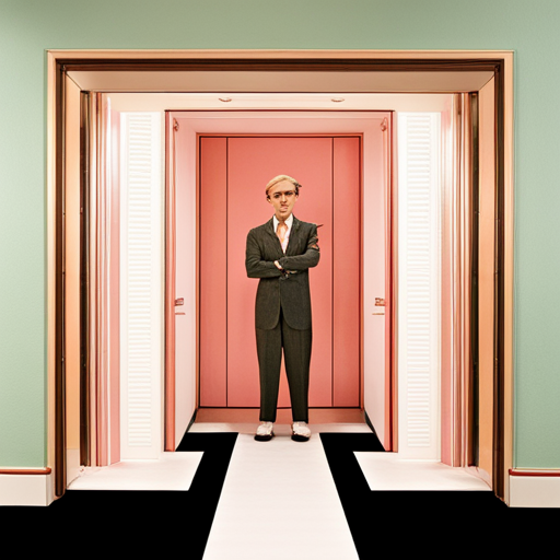 quirky, whimsical, pastel colors, symmetrical framing, art deco design, dry humor, ensemble cast, Wes Anderson, modern day setting, retro aesthetics, absurdist, deadpan comedy, visual gags, detail-oriented, anachronistic, vintage props