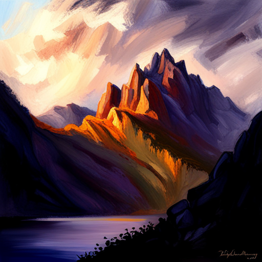 majestic peaks, rugged terrain, atmospheric perspective, muted colors, Impressionism, Hudson River School, light and shadow, texture, acrylic paint, naturalism, serenity, grandeur, scale, plein air, rocky outcroppings, dramatic sky, asymmetry, depth, soft brushstrokes, tranquility, landscape-painting, digital painting, pixel art, atmospheric lighting