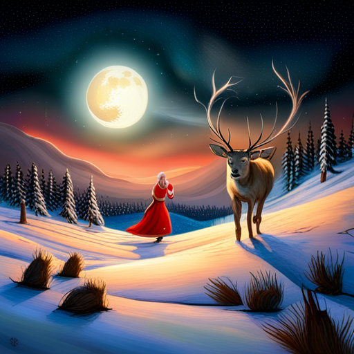 reindeer, Santa Claus, delivering presents, magical, winter wonderland, whimsical, holiday spirit, sleigh, flying, snowy landscape, starry night, festive atmosphere, joyful, celebration, mythical creatures, gift-giving, Christmas, enchanting, fairytale, dreamlike, mystical, fantasy fantasy-art