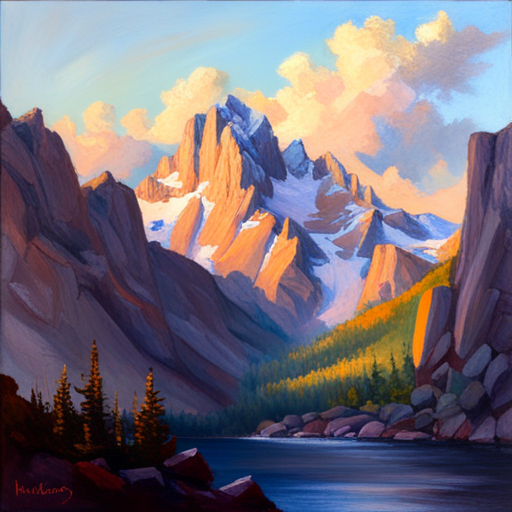 majestic peaks, rugged terrain, atmospheric perspective, muted colors, Impressionism, Hudson River School, light and shadow, texture, acrylic paint, naturalism, serenity, grandeur, scale, plein air, rocky outcroppings, dramatic sky, asymmetry, depth, soft brushstrokes, tranquility, landscape painting
