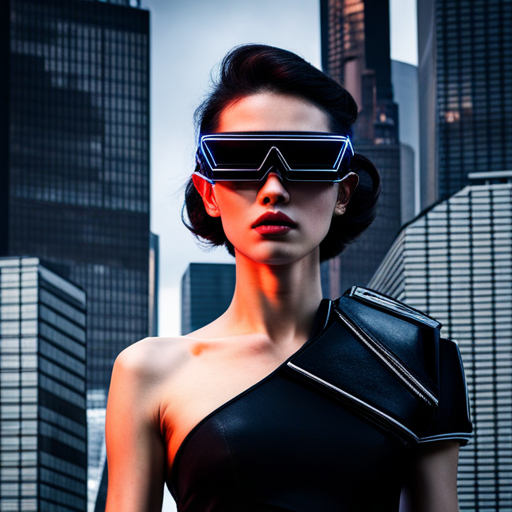 cyberpunk, techwear, reflective surfaces, neon lights, geometric shapes, black and gray color palette, futuristic fashion, augmented reality, visors, dystopian society
