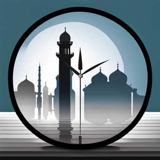 symbolic masjid, rounded border, border shadow, clock, 04:10 time, caption, 7 minutes walking distance, location