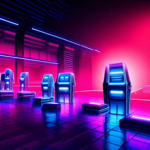 immersive digital world, neon-lit cyber city, arcade culture, glitchy circuits, generative visuals, retro-futurism, synthwave music, arcade cabinets, pixelated characters, nostalgic game soundtracks, virtual reality, neon sparks, cyberpunk aesthetic