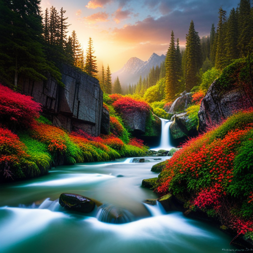 untamed wilderness, majestic mountains, vibrant flora and fauna, atmospheric perspective, dramatic lighting, surreal colors, mystical creatures, epic landscapes, ethereal beauty, hidden wonders, mythical realms, enchanted forests, ancient trees, mystical waterfalls
