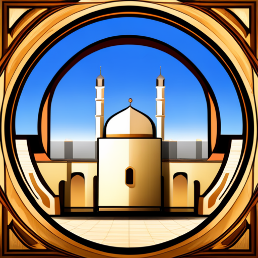 symbolic masjid, rounded border, border shadow, clock, 04:10 time, caption, 7 minutes walking distance from your location