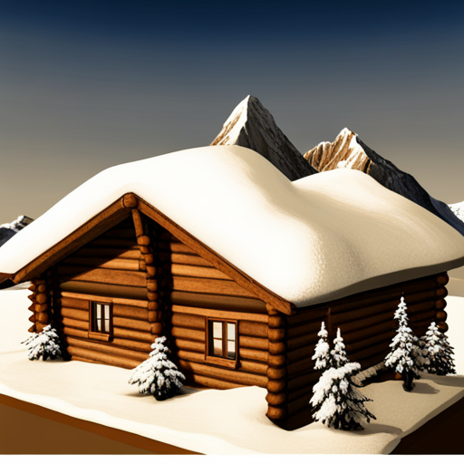 Majestic mountains, serene landscape, cozy cabin, breathtaking view, snowcapped peaks, earth tones, realistic shading, natural lighting, snowdrifts, rustic architecture, winter wonderland, tranquil atmosphere, picturesque scenery