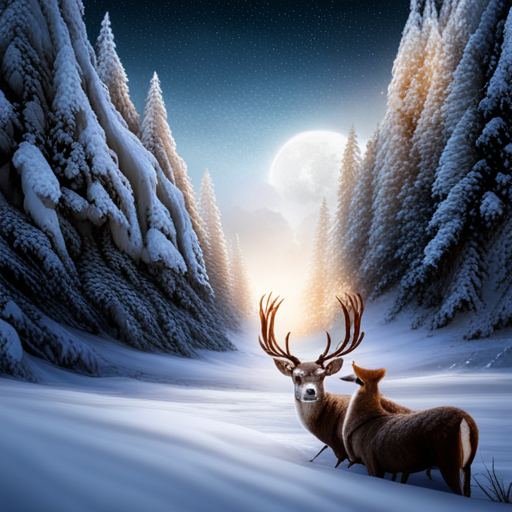 mystical, enchanted, mythical creature, winter, Christmas, animal, deer, antlers, snow, forest, magical, ethereal, folklore, Nordic, reindeer, sleigh, Santa Claus, holiday, wonder, beauty, nature, adventure, fantasy