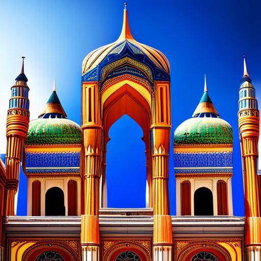 mesmerizing mosques, architectural details, intricate minarets, domes, geometric patterns, vibrant colors, picturesque background, digital clock integration