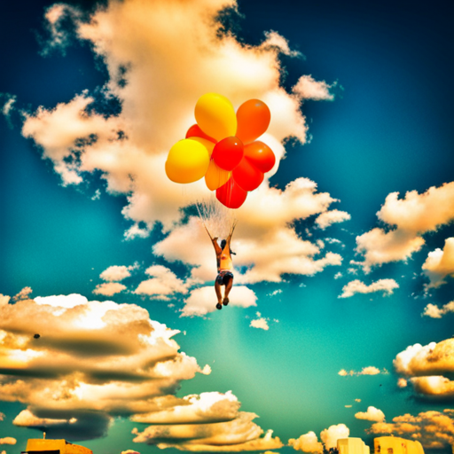 vibrant colors, floating, cheerful, celebration, joyous, whimsical, childhood memories, summer, outdoor, sky, clouds, sunny day, playfulness, festive, party, happiness