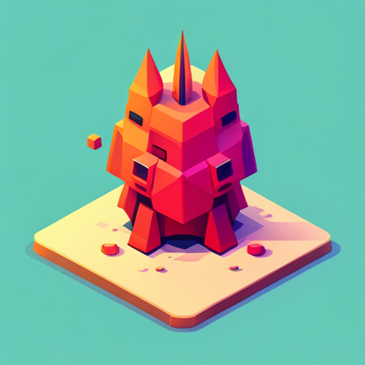 Isometric, plastic, bot, mascot, geometry, polygonal, low-poly, 3D-printable, vibrant colors, futuristic, mechanical, industrial, smooth surfaces, sharp edges, geometric shapes, angular design