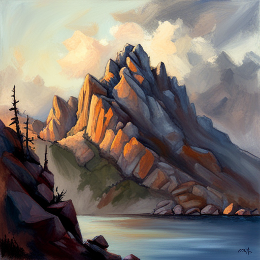 majestic peaks, rugged terrain, atmospheric perspective, muted colors, Impressionism, Hudson River School, light and shadow, texture, acrylic paint, naturalism, serenity, grandeur, scale, plein air, rocky outcroppings, dramatic sky, asymmetry, depth, soft brushstrokes, tranquility, pixel art, atmospheric lighting