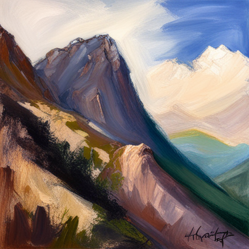 Majestic peaks, rugged terrain, atmospheric perspective, muted colors, Impressionism, Hudson River School, light and shadow, texture, acrylic paint, landscape painting, naturalism, serenity, grandeur, scale, plein air, rocky outcroppings, dramatic sky, asymmetry, depth, soft brushstrokes, tranquility