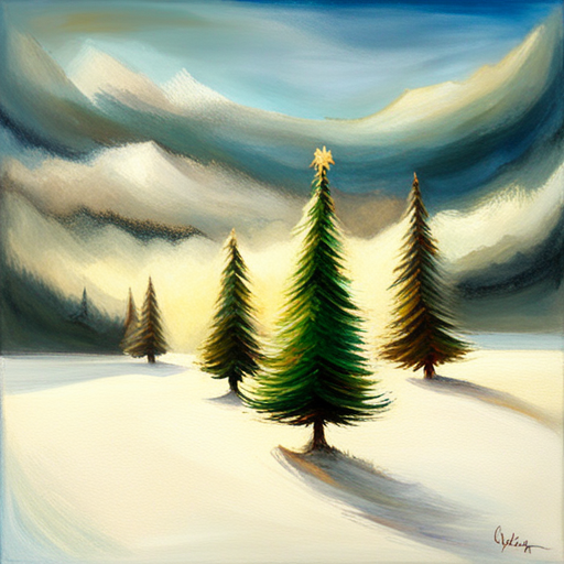 four Christmas tree, white background, textured canvas, oil, vintage
