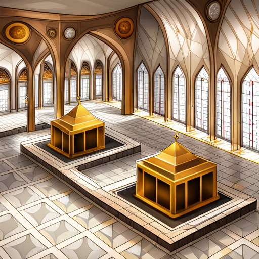 Two mosques, with a digital clock attached to each mosque, isometric view, architectural design, geometric shapes, Islamic architecture, minarets, domes, symmetry, arabesque patterns, calligraphy, marble flooring, arches, prayer halls, courtyard, spires, Islamic art, religious symbols, spiritual ambiance, golden accents, intricate details
