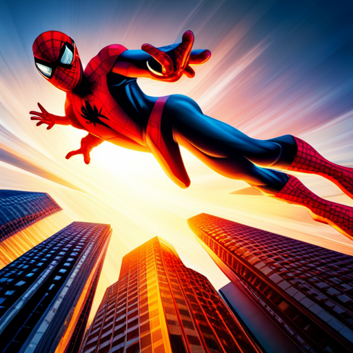 Spiderman, action, superhero, comic book, dynamic, intense, fight, big, scary, monster, vibrant colors, dramatic lighting, high energy, motion lines