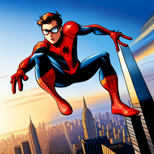 Spiderman, comic book, action, superhero, Marvel, web-slinging, New York City, skyscrapers, red and blue, dynamic poses, web shooters, agility, crime-fighting, mask, spandex suit, Peter Parker, web-swinging, high-flying, urban setting comic-book