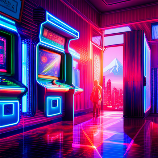 sparkles, neon lights, retro gaming, arcade machines, cyberpunk, vibrant colors, generative art, glitch, computer graphics, futuristic, geometry, motion blur, arcade culture, pixelated, arcade cabinet, electronic music, video game aesthetics, endless loop, high score, immersive experience