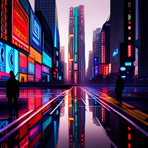 cyberpunk, neon lights, dystopian future, retro-futurism, street art, cybernetic enhancements, flying vehicles, holographic advertisements, rebellious youth, urban decay, Blade Runner vibes