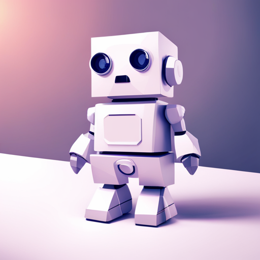Minimalist, geometric, low-poly texture robot sculpture featuring cute and simple geometric shapes, highlighted by white space and light sources to evoke cuteness and simplicity. The composition emphasizes the texture of low-poly with a white background in a digital-art style.