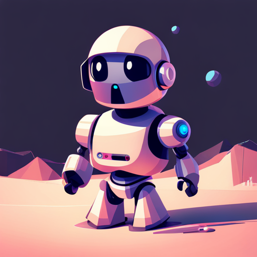 Front-facing, cute, robotic character with tiny geometric shapes forming its design. High contrast lighting enhances the digital-art aesthetic while the white background provides a clean and visually striking composition that emphasizes the low-poly style. The geometric shapes not only provide texture and interest, but also tie in with the robotic subject matter and play with scale in a way that evokes a sense of whimsy and playfulness.