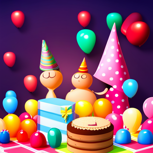 animated, birthday, images, celebration, vibrant colors, cute characters, joyful, balloons, cake, candles, confetti, party hats, gifts