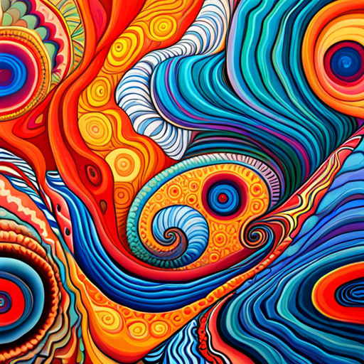 an intense kaleidoscope of colorful shapes and patterns, drawing inspiration from the psychedelic movement of the 1960s and 70s. Featuring bold compositions, vibrant hues, and intricate textures that create a hypnotic and mesmerizing visual experience. The use of mixed media, including acrylics, oils, and ink, adds depth and dimension to the piece, while the incorporation of geometric shapes and repetitive patterns playfully guide the viewer's eye around the canvas. Influenced by the works of Salvador Dali and Bridget Riley, this piece is a celebration of color and movement, evoking a sense of joy and wonder.