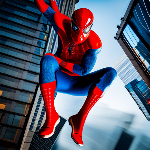 Spiderman, web-slinging, superhero, Marvel, action, dynamic, movement, red and blue costume, New York City, skyscrapers, urban, crime-fighting