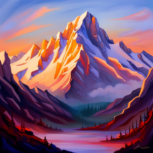 majestic mountains, towering peaks, vibrant sunsets, atmospheric perspective, realistic details, Impressionist style, alpine glow, vibrant colors, dynamic composition, textured brushstrokes, outdoor adventure, rugged terrain, epic scale, natural wonder, breathtaking vistas, grandeur of nature