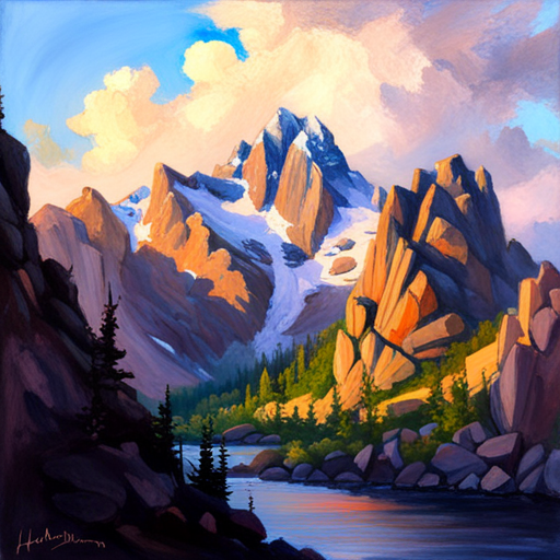 majestic peaks, rugged terrain, atmospheric perspective, muted colors, Impressionism, Hudson River School, light and shadow, texture, acrylic paint, landscape painting, naturalism, serenity, grandeur, scale, plein air, rocky outcroppings, dramatic sky, asymmetry, depth, soft brushstrokes, tranquility