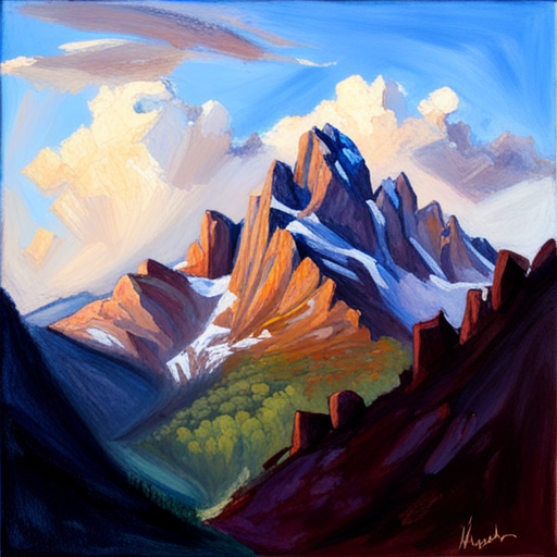 majestic peaks, rugged terrain, atmospheric perspective, muted colors, Impressionism, Hudson River School, light and shadow, texture, acrylic paint, naturalism, grandeur, scale, plein air, rocky outcroppings, dramatic sky, asymmetry, depth, soft brushstrokes, tranquility