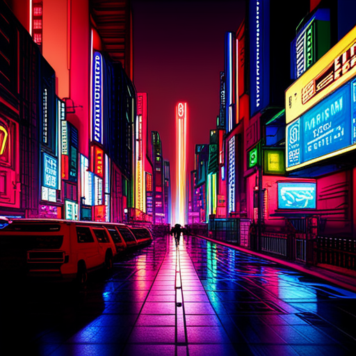 cyberpunk, neon lights, futuristic architecture, technology, urban sprawl, dystopian society, night-time cityscape, artificial intelligence, flying vehicles, neon signs, advanced civilization, dark alleys, digital screens, high contrast lighting, vibrant colors, gritty textures