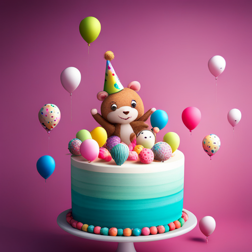 vibrant colors, joyful expressions, celebration, cake, candles, balloons, animated characters, cute animals, confetti, party hats