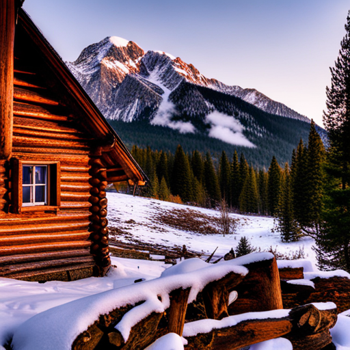 mountain cabin, nature, rustic, cozy, wooden, remote, solitude, landscape, panoramic, serene, peaceful, snow-capped mountains, warm fireplace, snowy, winter, cabin in the woods, log cabin, outdoor retreat, scenic view, tranquility, alpine, retreat, isolated, natural beauty, escape, majestic, surreal, misty, ethereal, hidden gem