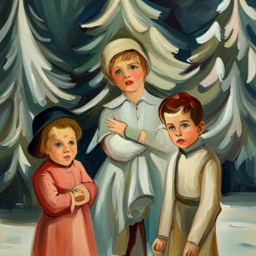vintage oil, impersonalism, Winter Children under a Christmas Tree Painting, classic, muted colors, textured