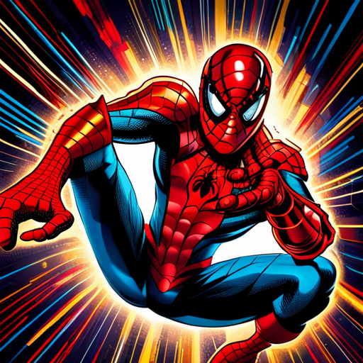 Spiderman, shooting web, action, superhero, Marvel, Stan Lee, Jack Kirby, dynamic pose, vibrant colors, bold lines, energy, movement