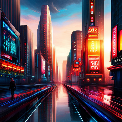 cyberpunk, neon lights, dystopian architecture, futuristic technology, urban sprawl, glowing signs, dark alleys, hi-tech skyscrapers, artificial intelligence, flying vehicles, metallic surfaces, digital graffiti, vibrant colors, shadowy figures, electronic music, surveillance cameras
