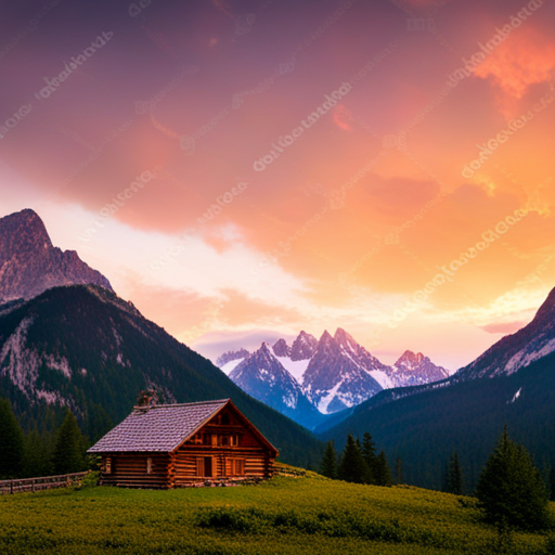 majestic mountain range, serene landscape, cozy wooden cabin, vibrant forest foliage, panoramic view, golden hour lighting, alpine peaks, textured clouds, natural beauty, rustic architecture, wilderness adventure, outdoor recreation, inviting warmth, peaceful isolation, organic textures, environmental harmony