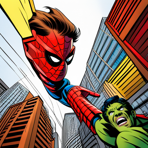 hulk, spiderman, superheroes, Marvel, action, dynamic, vibrant colors, bold lines, intense, powerful, strength, conflict, heroism, Stan Lee, Jack Kirby, Pop Art, Golden Age, Silver Age, primary colors, motion lines, energy, ink, pen and ink, graphic storytelling, panel layout, superhero battles, iconic poses, splash pages, word balloons, sound effects, exaggerated perspectives, hidden messages, moral dilemmas, social commentary, larger-than-life characters, dynamic composition, high contrast, halftone dots, dynamic movement, artistic influences, iconic imagery