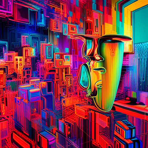 AI programming, singularity matrix, exploring the boundaries of identity and consciousness through vivid colors and abstract shapes with hints of cyberpunk and postmodernism