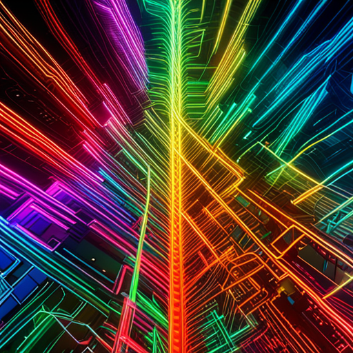 futuristic, artificial intelligence, data visualization, neon colors, generative art, complex patterns, glitch art, cyberpunk, machine learning, wires and circuits, abstract expressionism