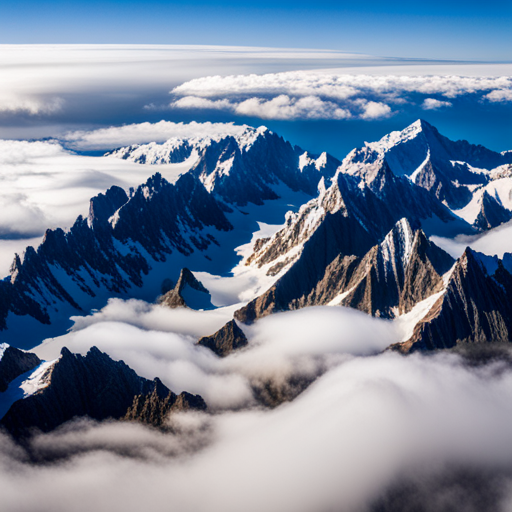 vast expanse, high altitude, towering mountains, cloud formations, atmospheric perspective, aerial view, natural beauty, rugged terrain, texture of earth, shades of blue, light and shadow, panoramic vision
