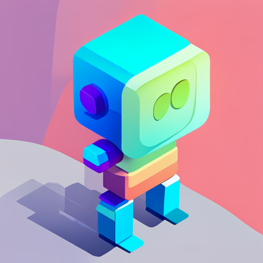 an isometric perspective of a plastic bot with geometric shapes, rendered using the low-poly technique and featuring vibrant colors as an app mascot