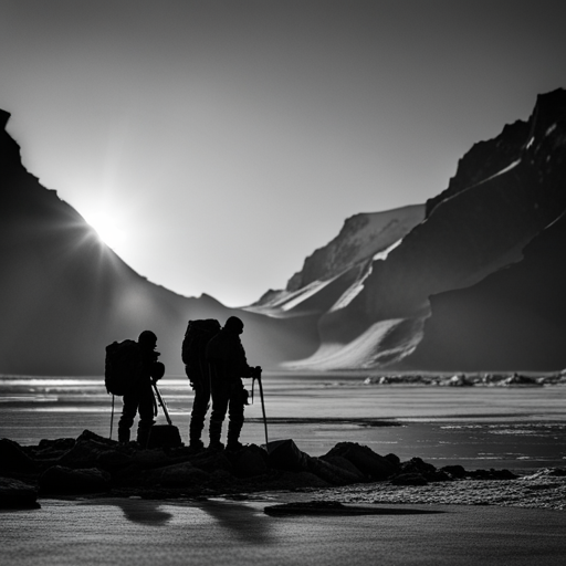 Arctic expeditionary teams, stark contrasts, muted palettes, dim sunlight, golden hour, snow-capped peaks, black and white, survival gear, ice formations