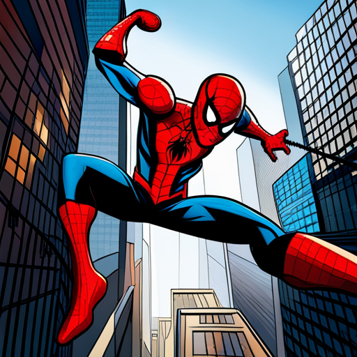 Spiderman, comic book, action, superhero, Marvel, web-slinging, New York City, skyscrapers, red and blue, dynamic poses, web shooters, agility, crime-fighting, mask, spandex suit, Peter Parker, web-swinging, high-flying, urban setting